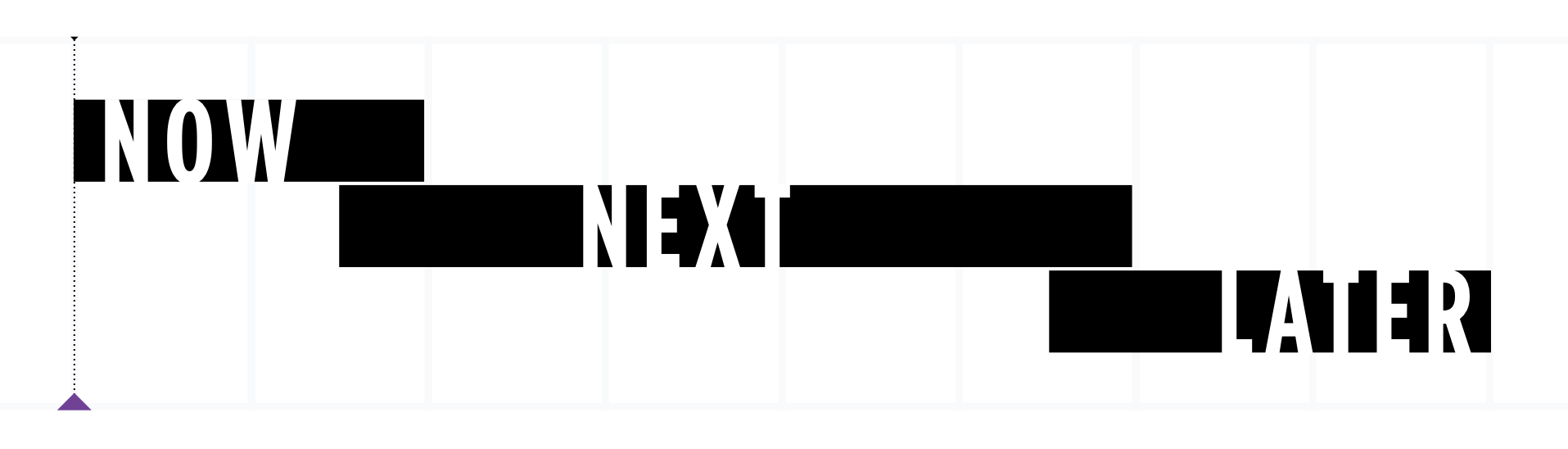 Image of the words "Now, Next, Later" on a timeline